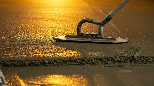 Nahaufnahme einer Glättkelle, die frischen Estrich glättet.