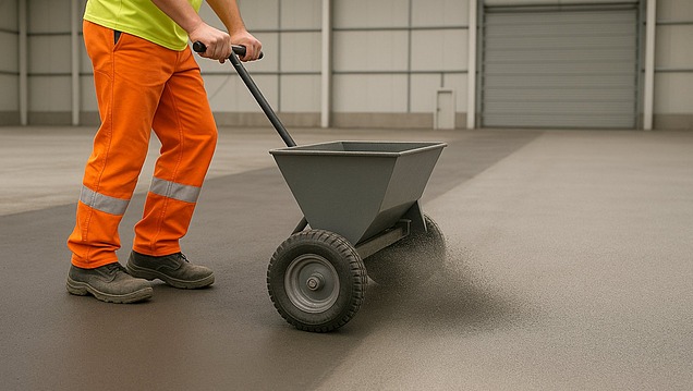 Hartstoffeinstreuung auf Industrieboden: Fachkraft verteilt Verschleißschutzmaterial mit Streuwagen in Produktionshalle.