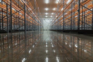 Hochglanzpolierter Industrieboden in einem modernen Regallager mit Stahlregalen – langlebiger Betonboden für Logistik und Lagerhallen mit Hochregallagern 